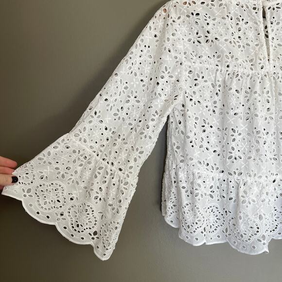 Veronica Beard Emmalyn Eyelet Blouse White Sz 8 Lace Ruffles Flare Sleeves Chic - Picture 15 of 16
